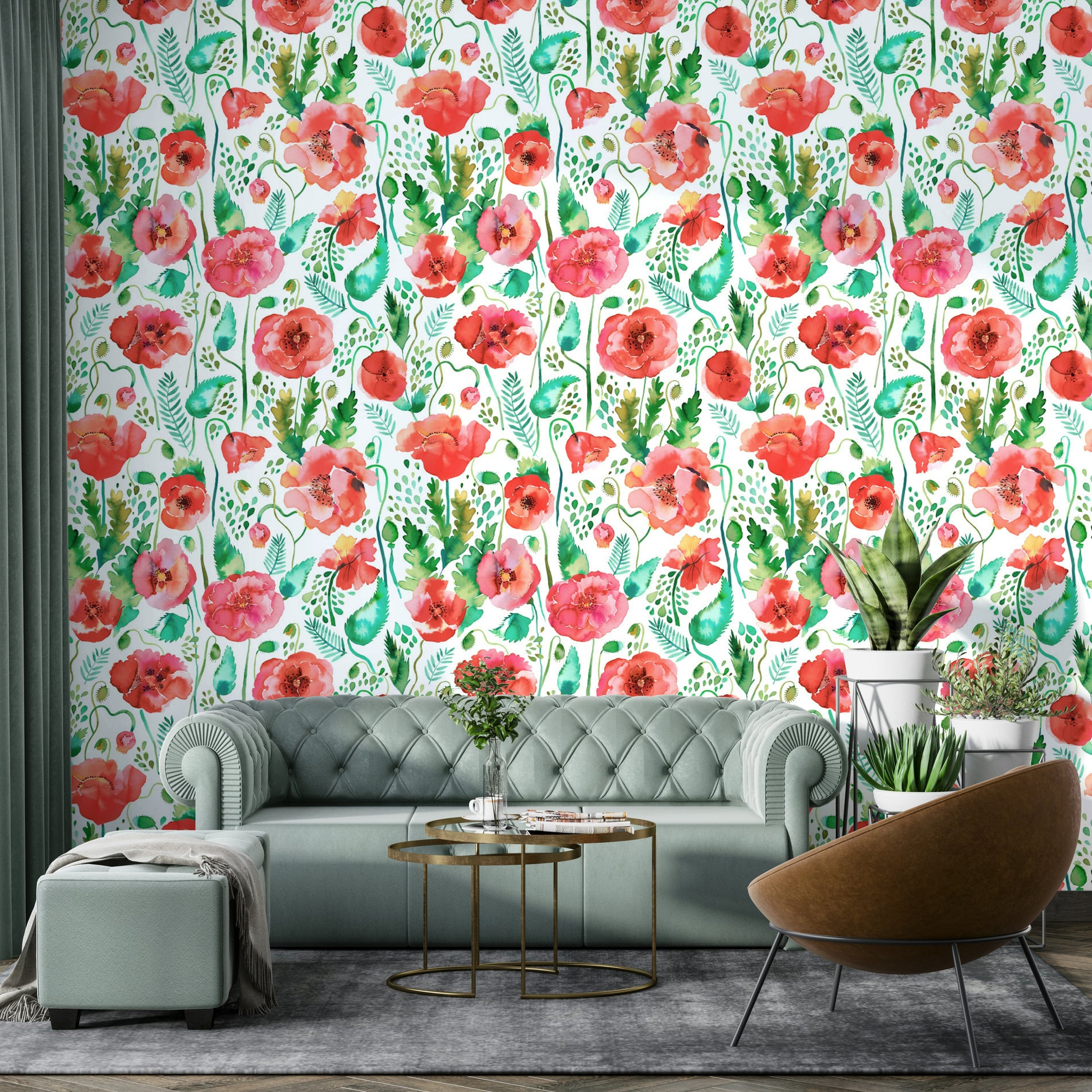 Soft spring floral wallpaper with red poppies and nature’s finest plants.

