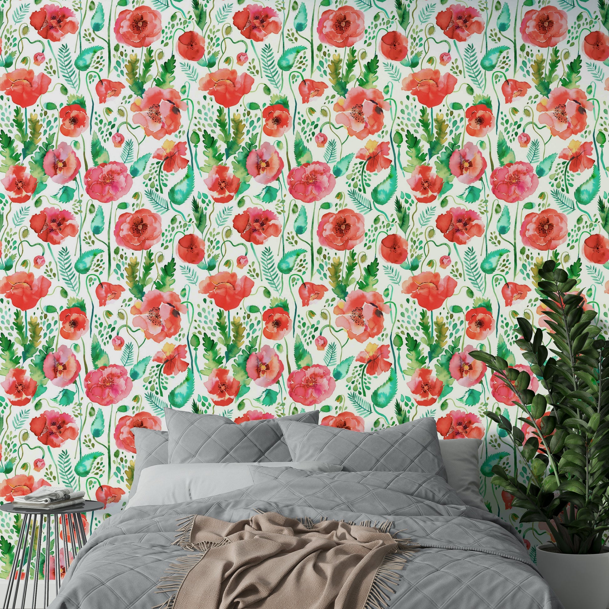 Close-up of spring poppies and greenery in a soft watercolor design.

