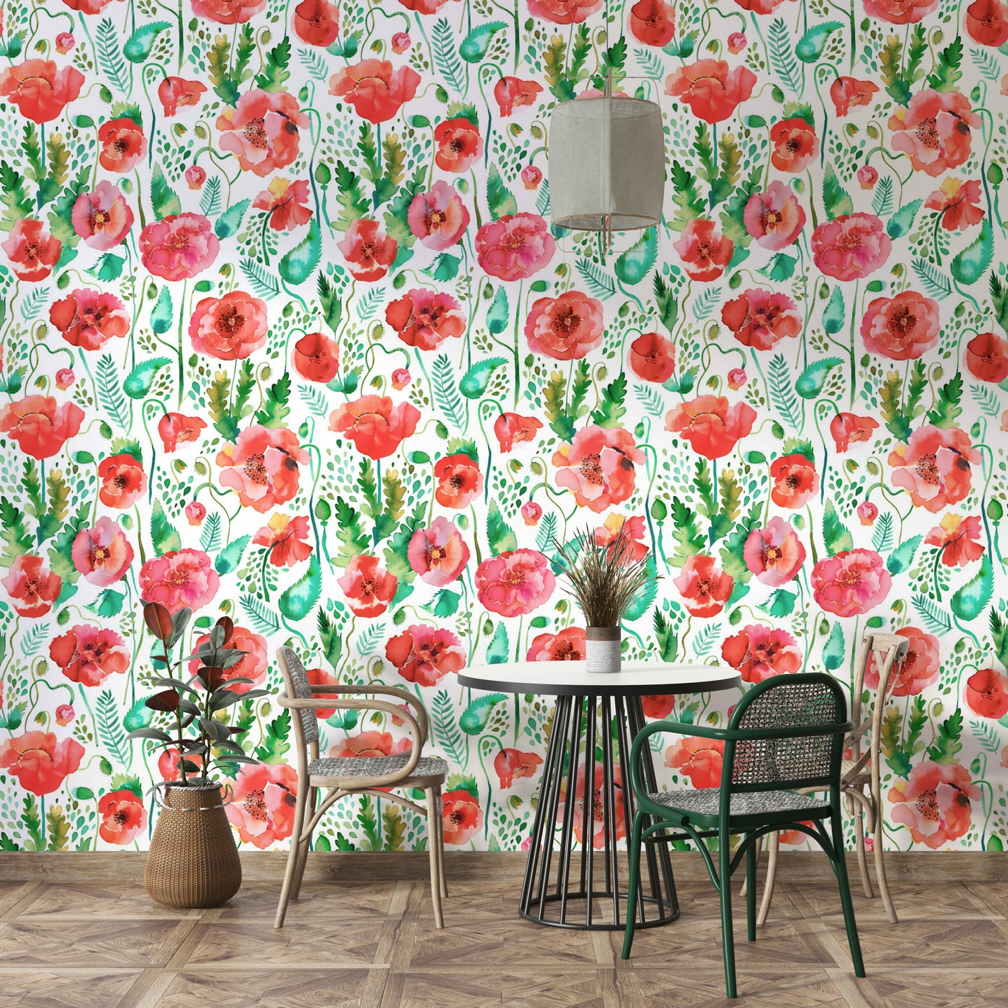Delicate watercolor wallpaper with blooming poppies and leaves.

