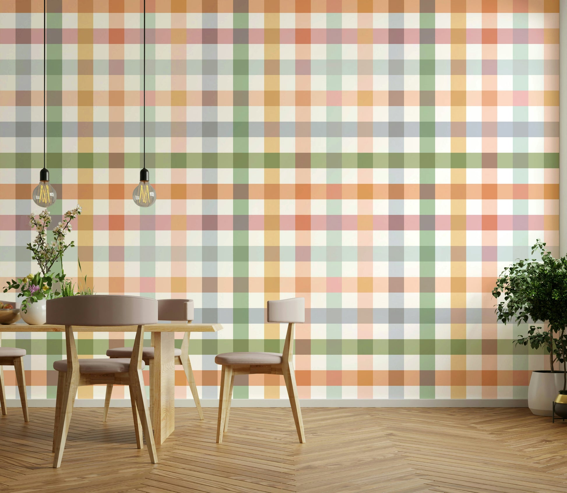 Cozy gingham wallpaper with a soft, pastel countryside design.

