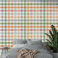 Elegant countryside wallpaper with a gingham design in soft hues.

