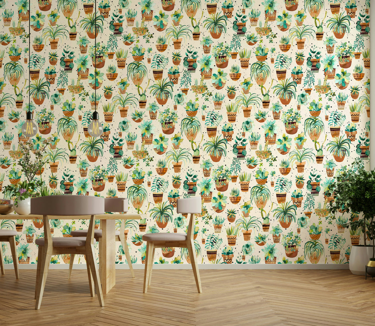 Wallpaper with beautiful succulents and stylish, earthy plant pots.

