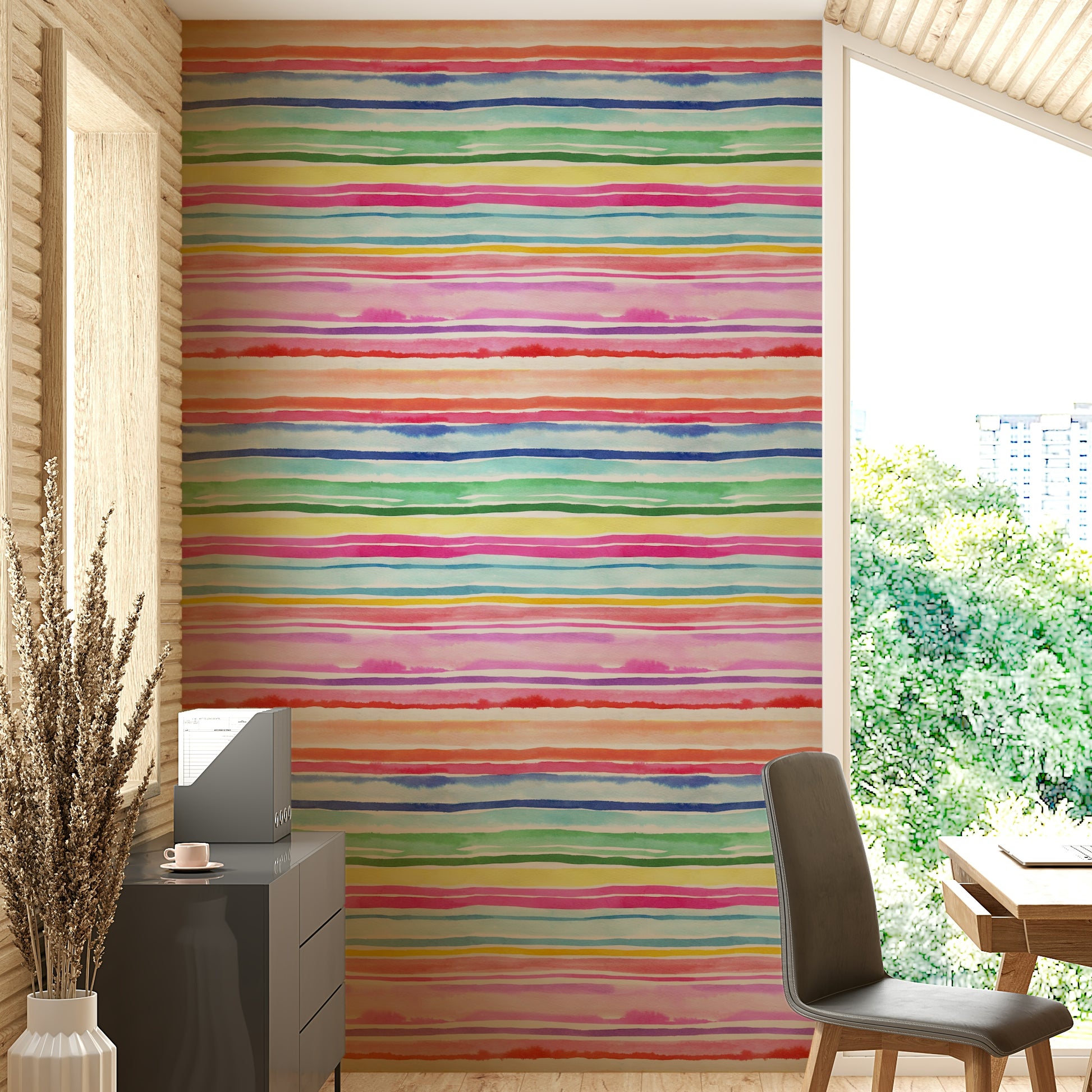 Lively, vibrant striped wallpaper for a cheerful summer-inspired room.


