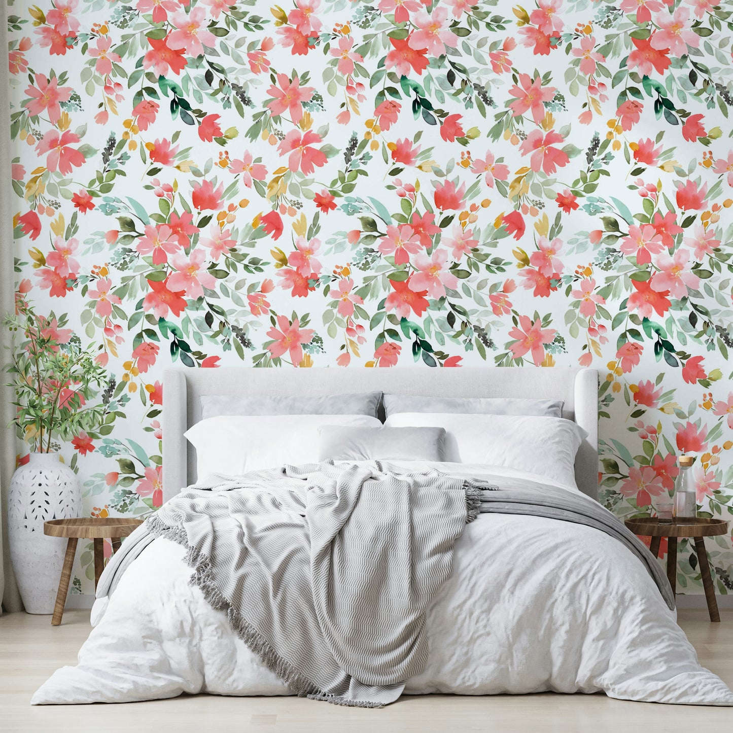 Oleander floral wallpaper in coral with soft pastel accents.

