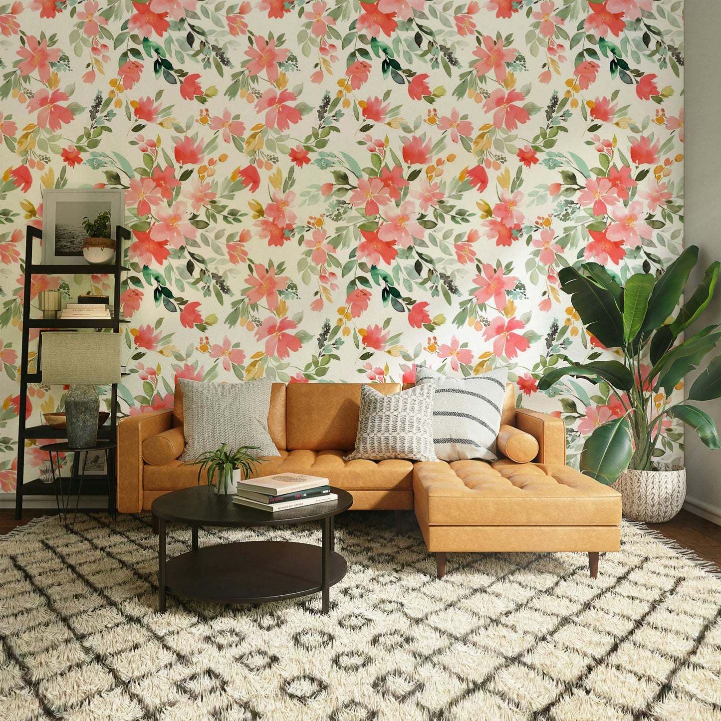 Wallpaper with bold coral flowers and delicate green leaves.

