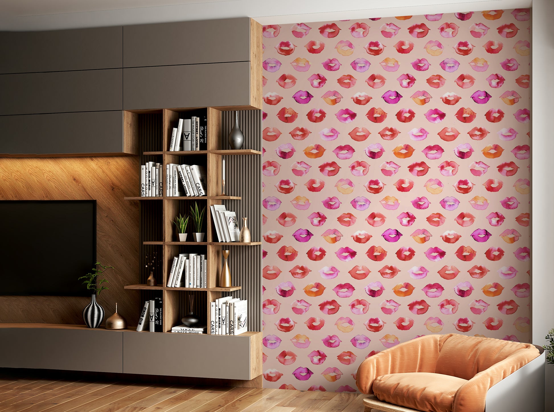 Wallpaper with kiss prints ideal for girls’ rooms or salons.

