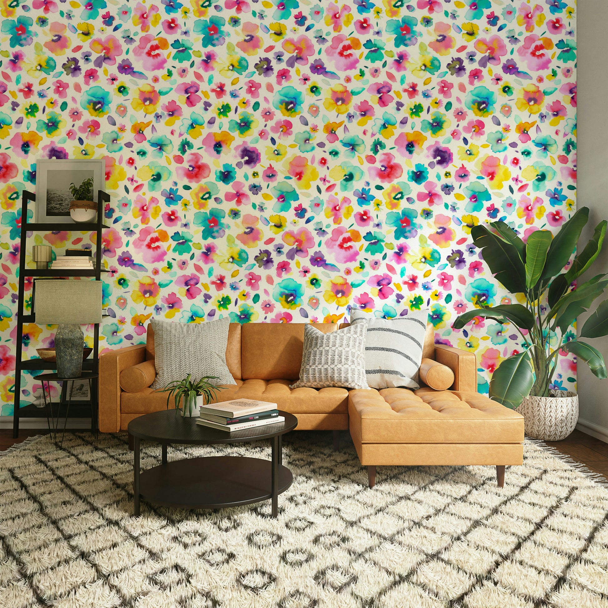 Watercolor flower mural with bold pink, yellow, and green shades.

