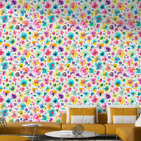 Wallpaper with vivid tropical florals in watercolor texture.

