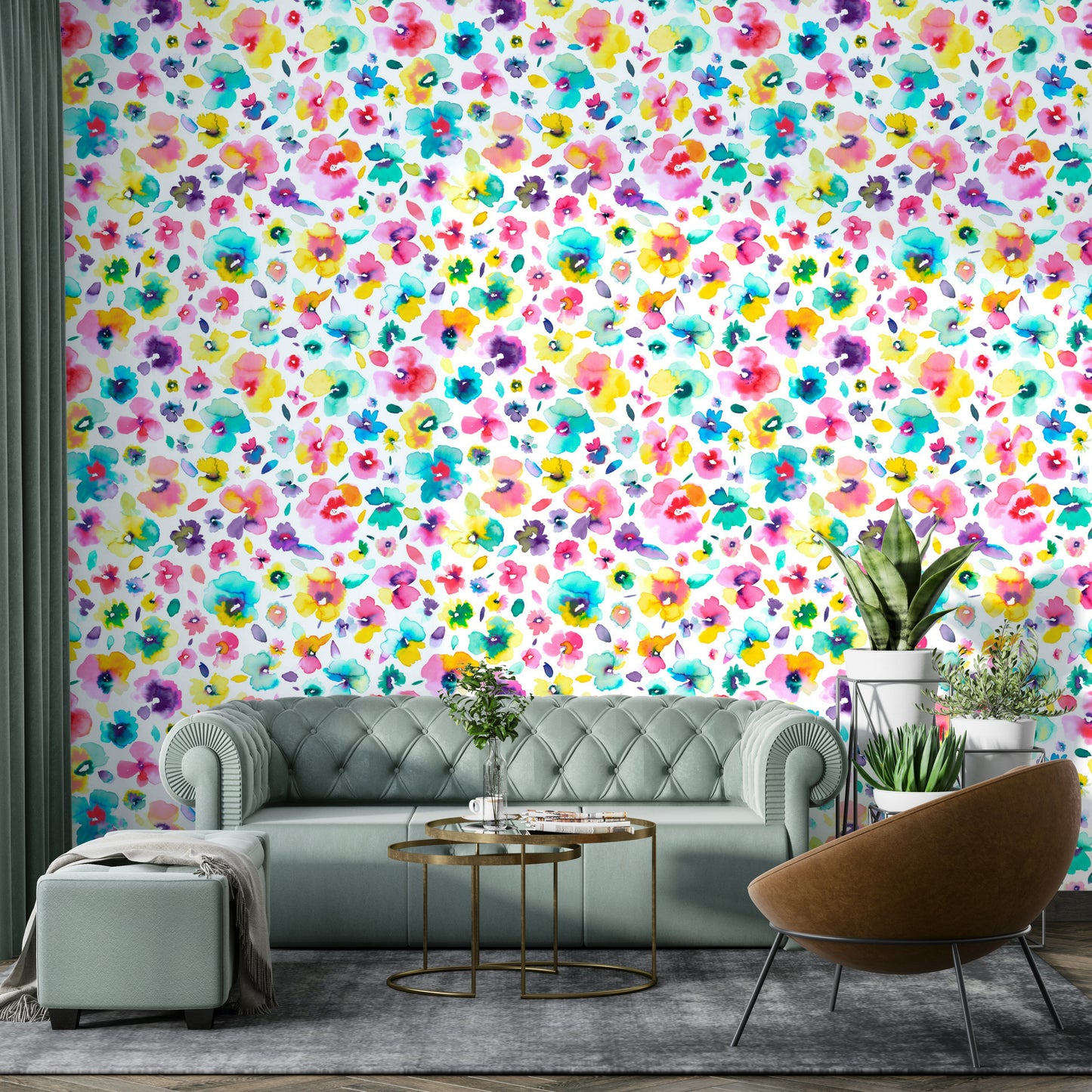 Wallpaper with hand-painted tropical flowers in bright hues.

