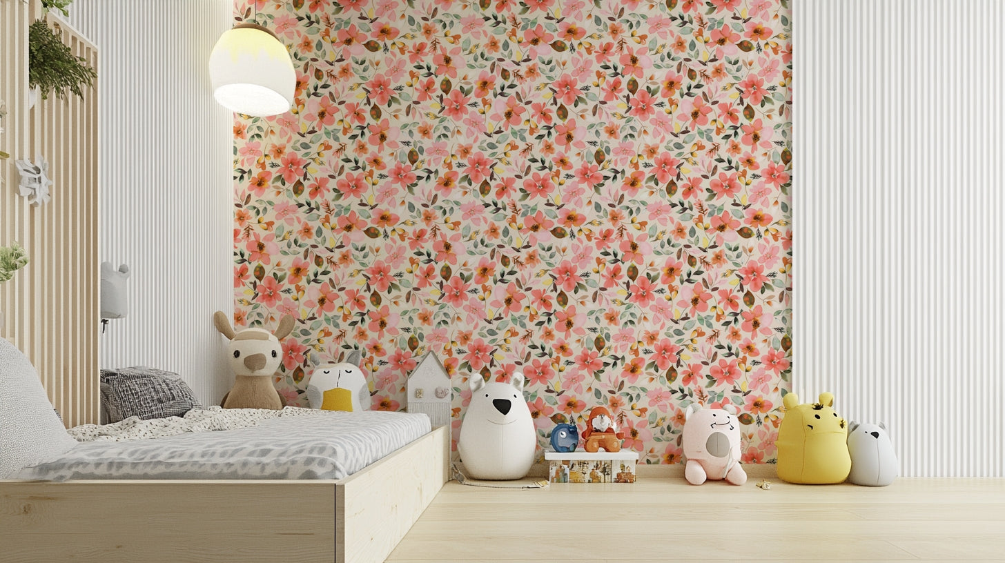 Gentle tropical wallpaper with hand-painted cream and coral blooms.

