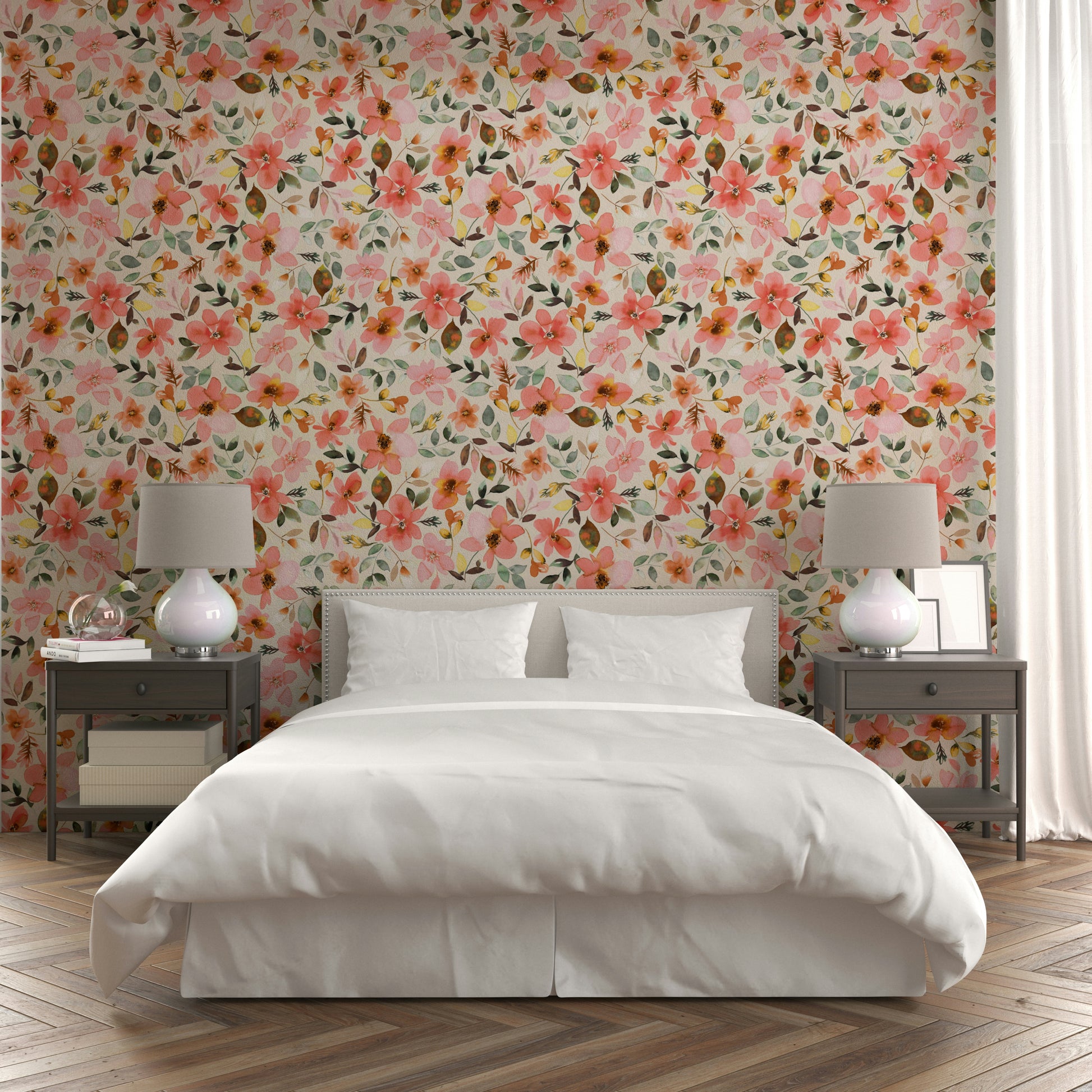 Wallpaper with tropical flowers in warm coral and cream hues.


