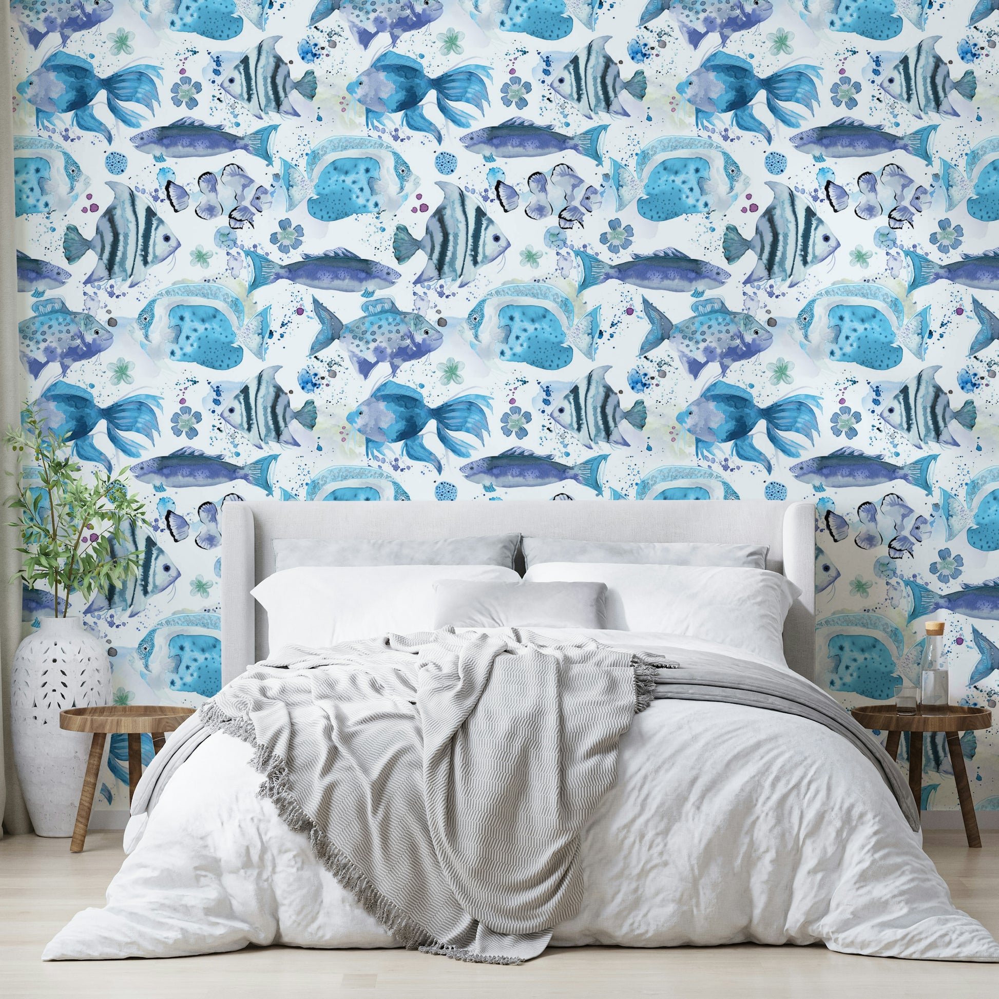 Colorful underwater scene with reef fish and flowing coral shapes.

