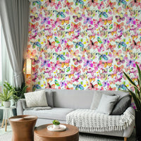 Soft wallpaper featuring hand-painted butterflies in motion.

