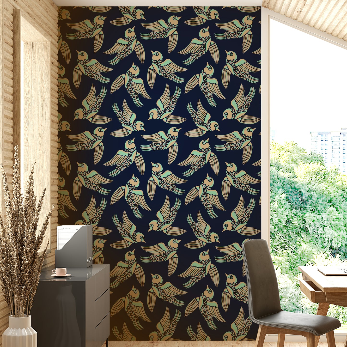 Wallpaper featuring birds in flight on a mint, beige, and midnight blue background.

