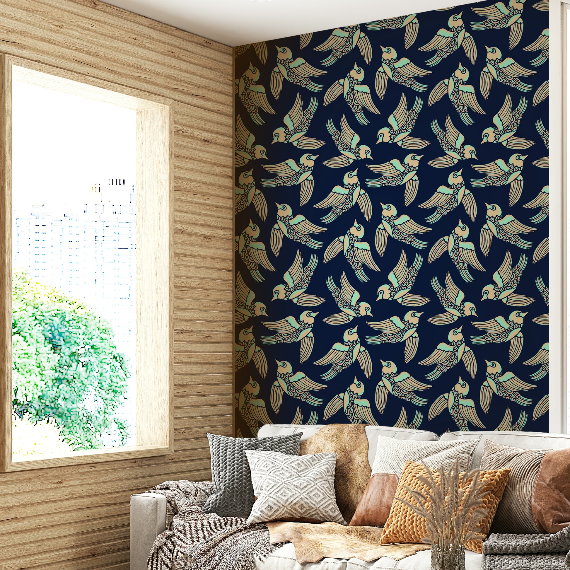 Elegant bird wallpaper with soothing mint and beige tones and deep blue accents.

