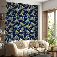 Birds flying higher in a tranquil mint, beige, and midnight blue design.

