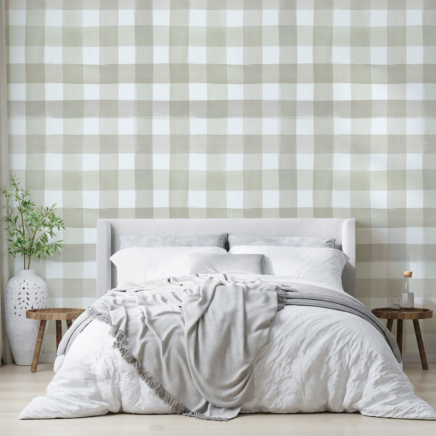 Rustic beige gingham wallpaper perfect for kitchens and living spaces.

