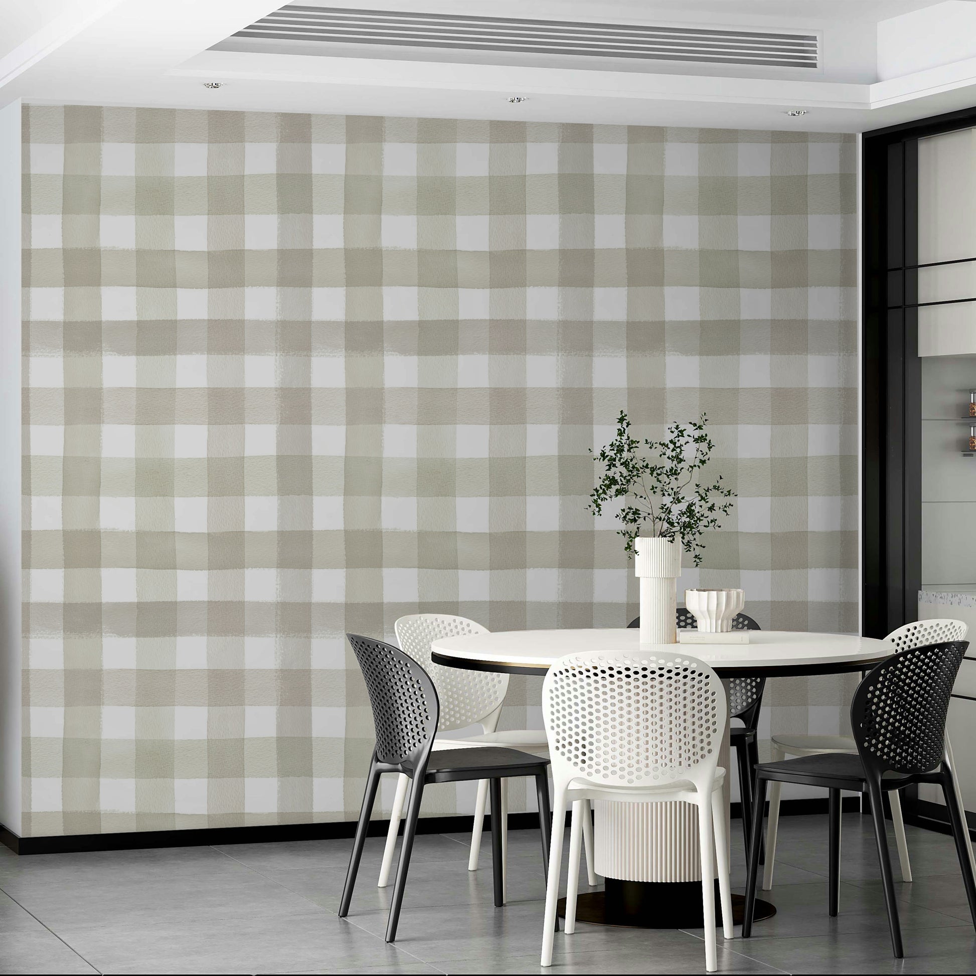 Wallpaper with soft beige squares in a timeless plaid pattern.

