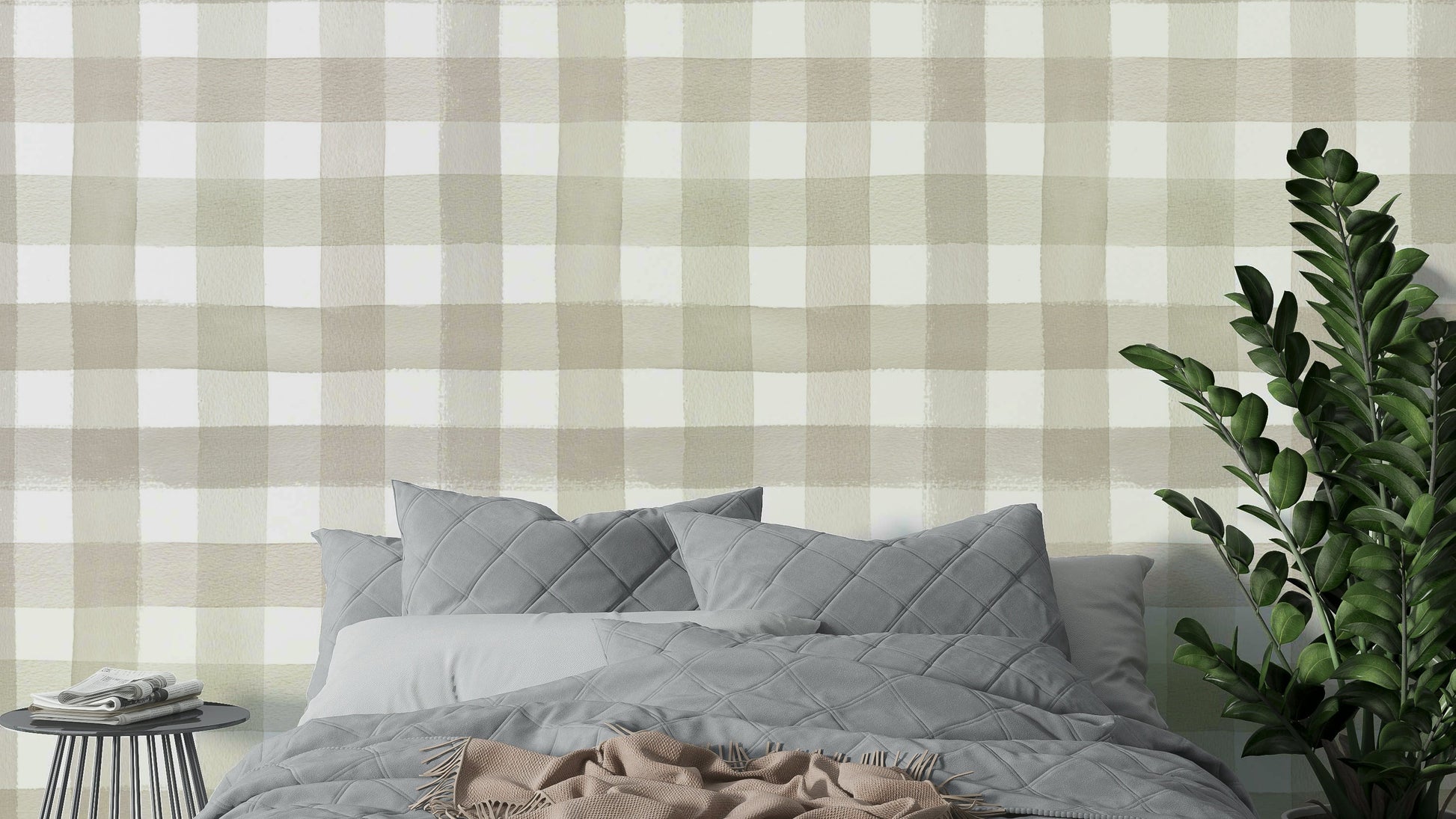 Watercolor Classic Gingham Beige Wallpaper with soft beige checks.


