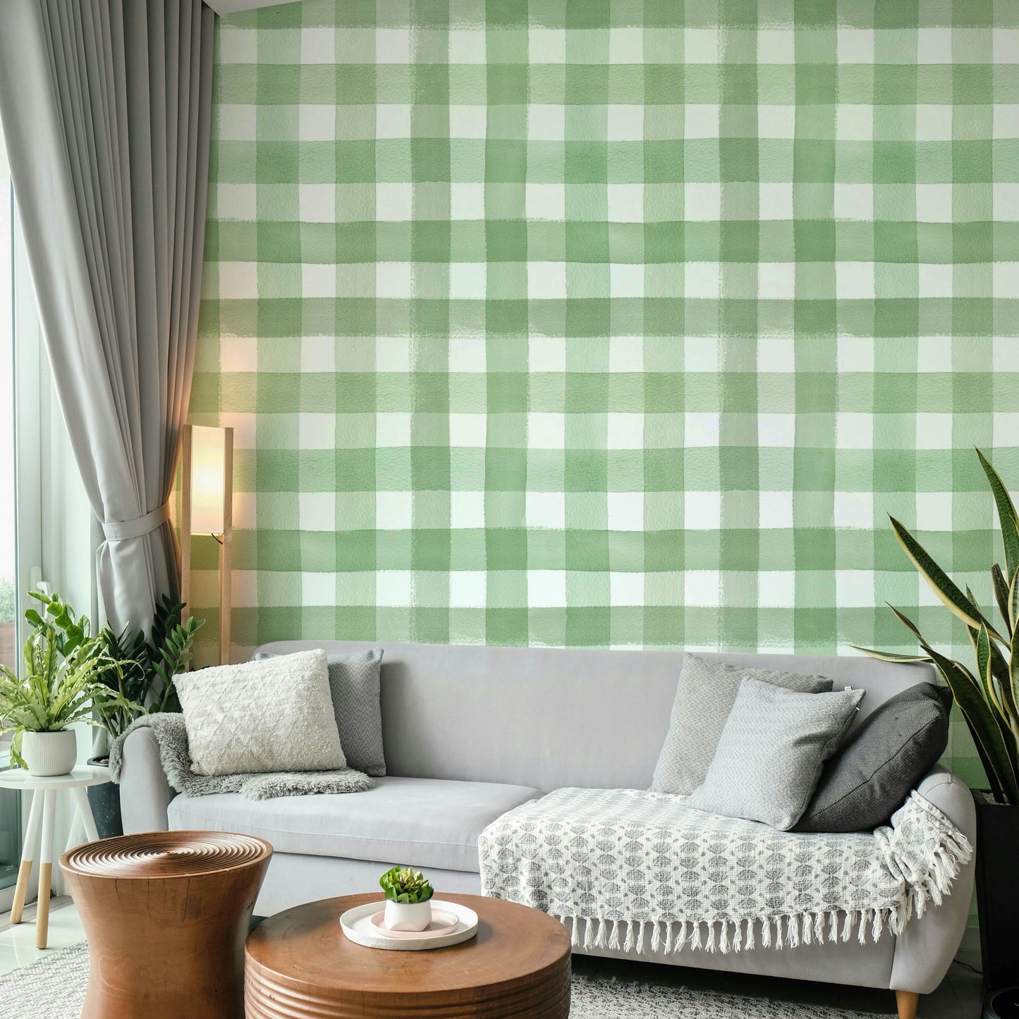 Classic plaid pattern in watercolor green on a light background.

