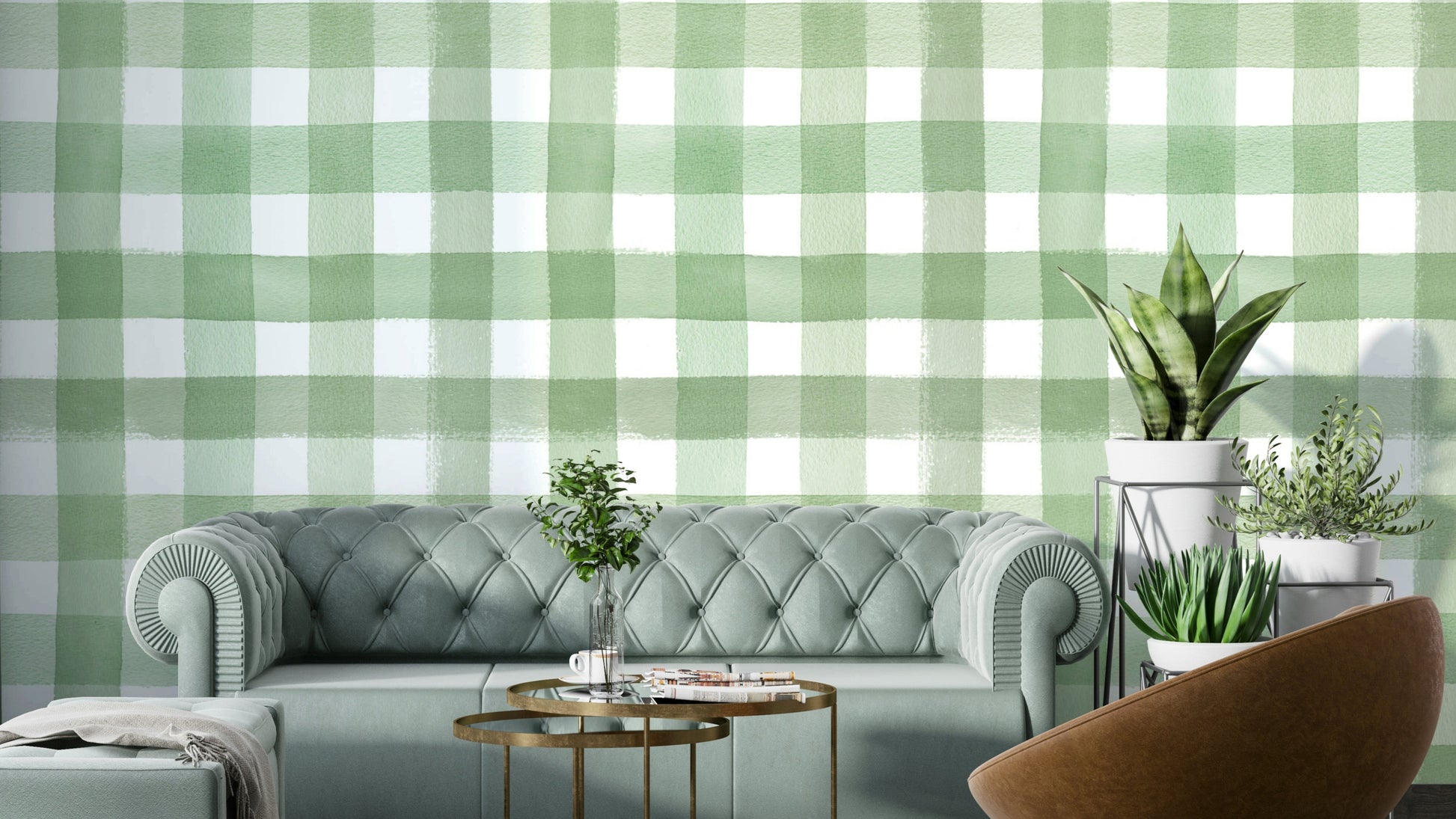 Watercolor Classic Gingham Green Wallpaper with soft hand-painted checks.


