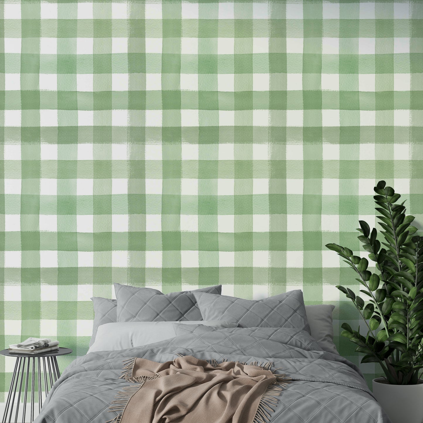 Green gingham wallpaper offering cozy, classic countryside charm.

