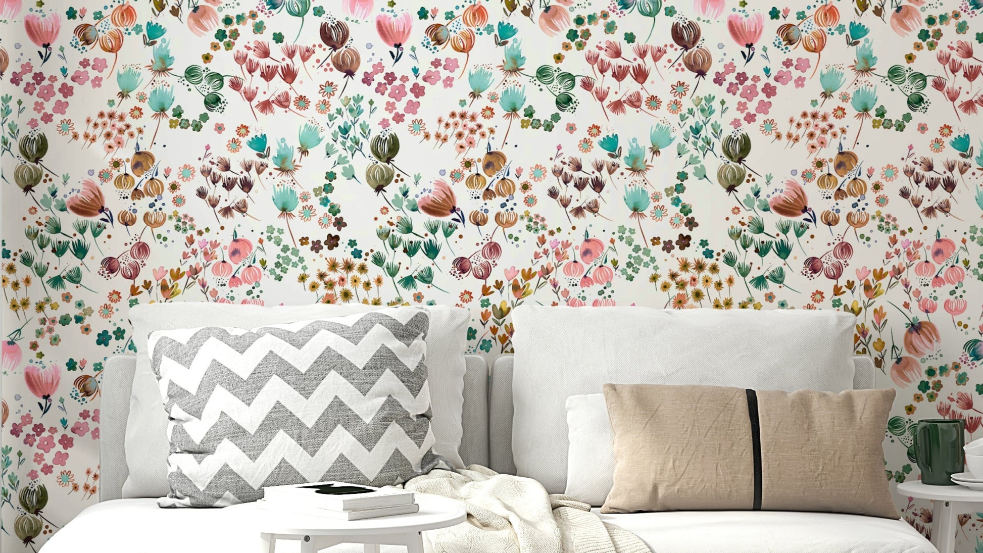 Watercolor Flower Buds Green Orange Wallpaper with delicate blooms.

