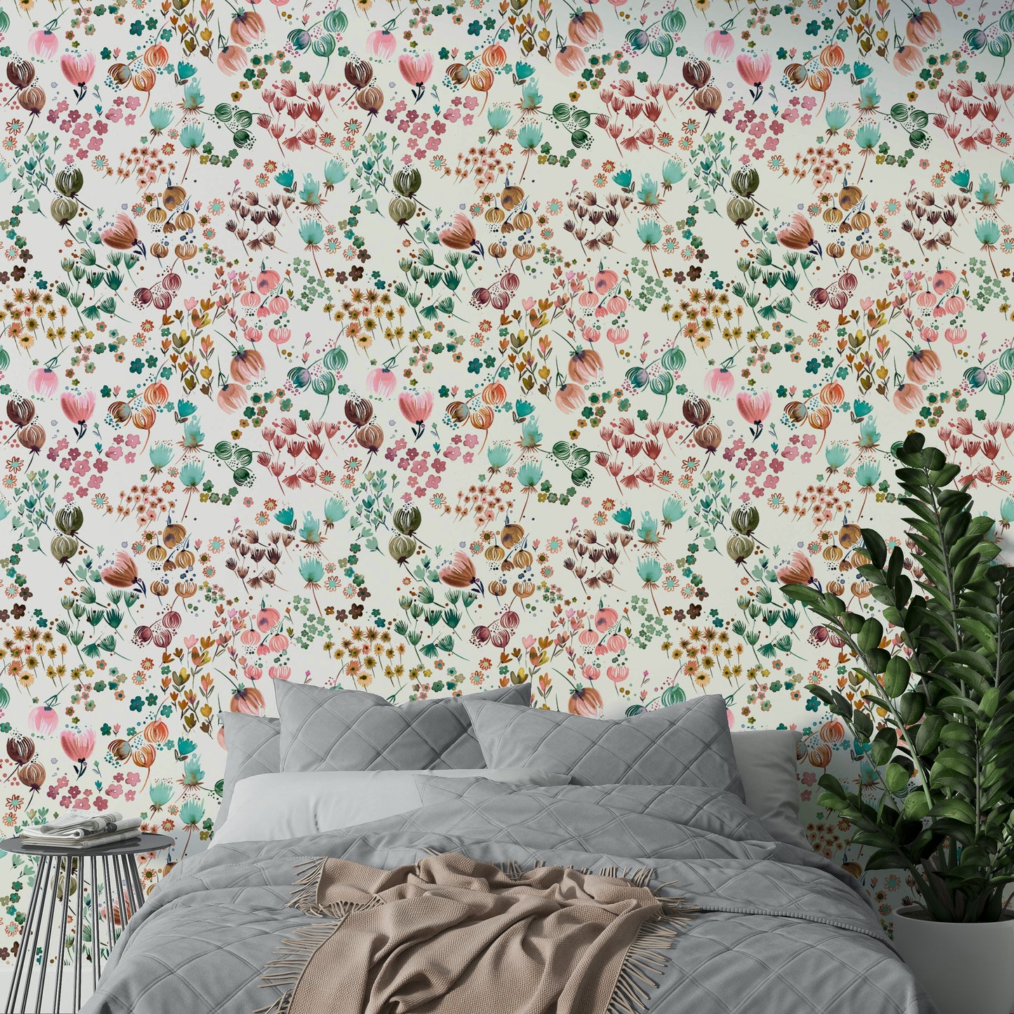 Fresh and vibrant flower buds in watercolor tones of green and orange.

