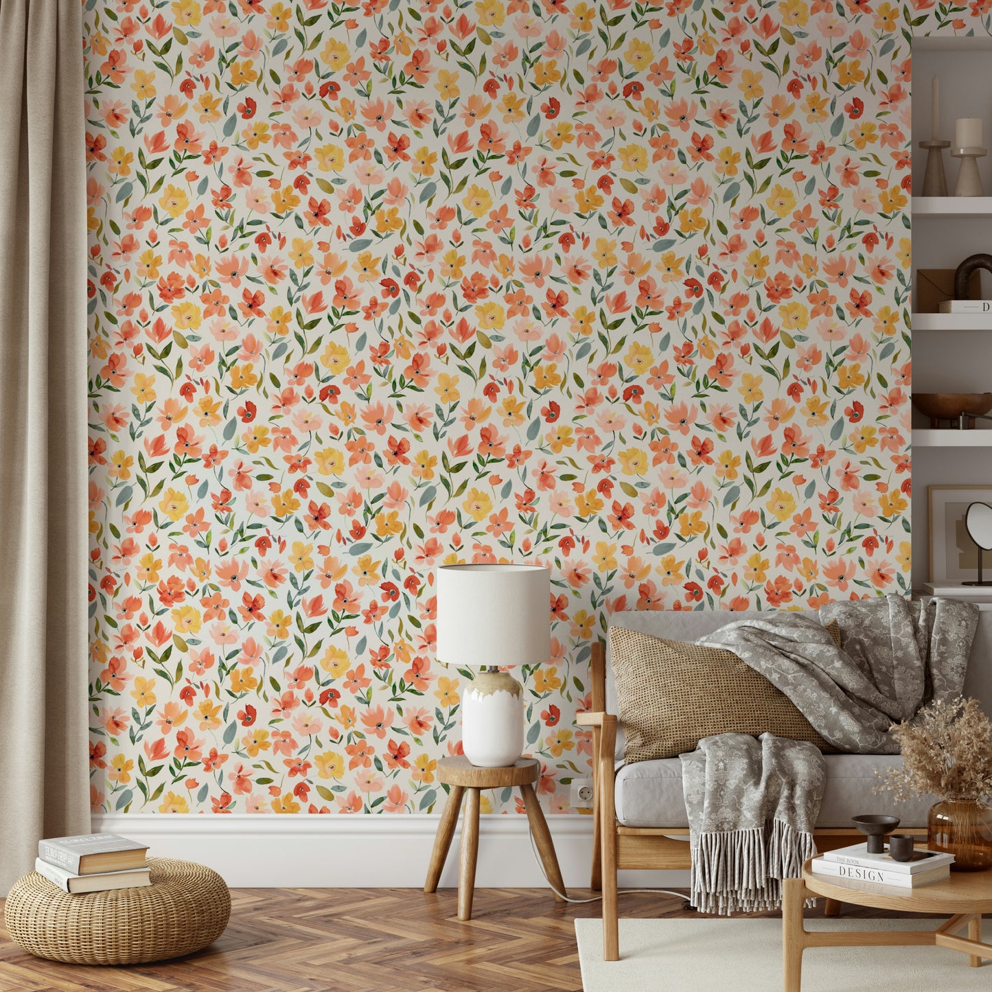 Wallpaper with watercolor fresh flowers in warm spring hues.

