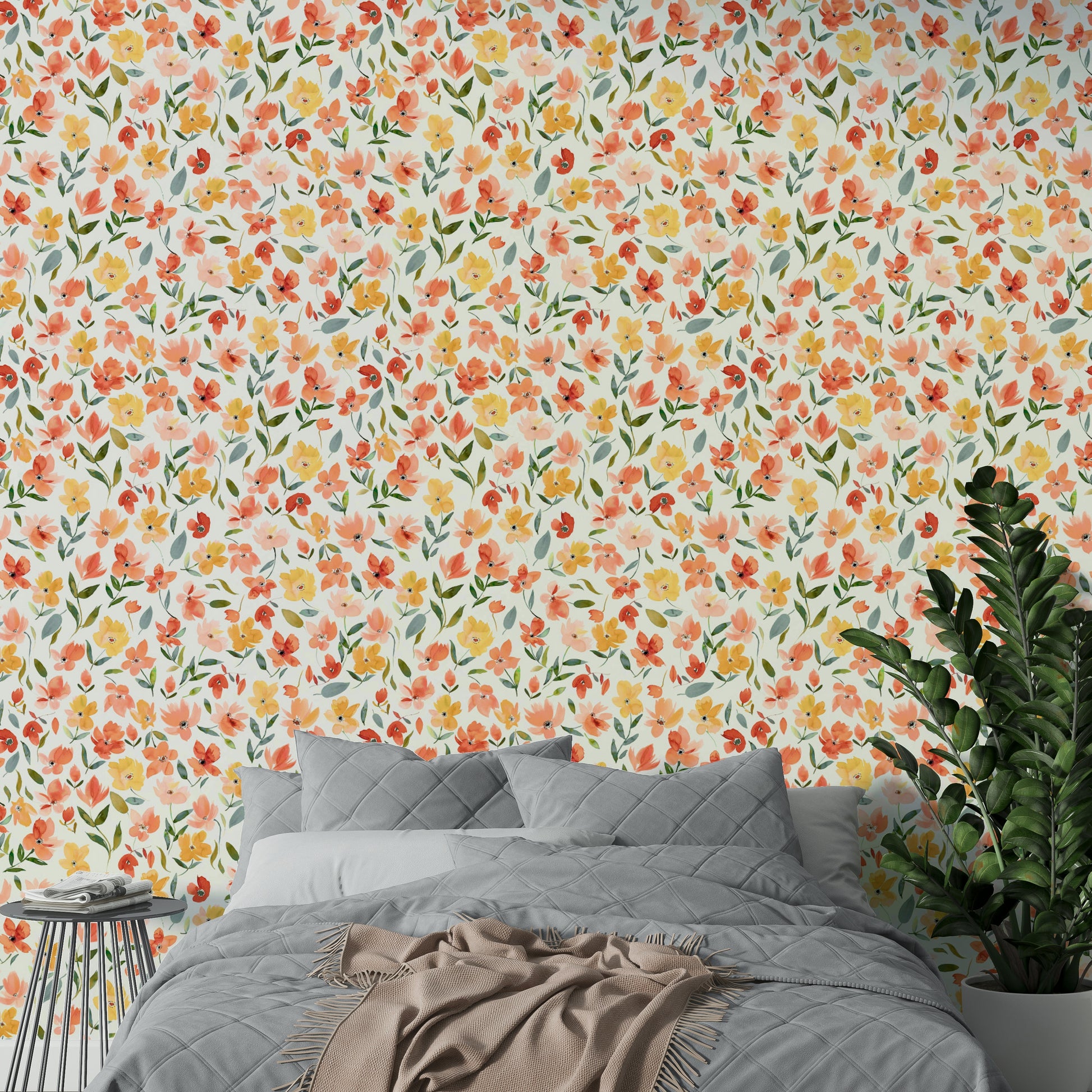 Fresh, vibrant floral wallpaper perfect for kitchens or living rooms.

