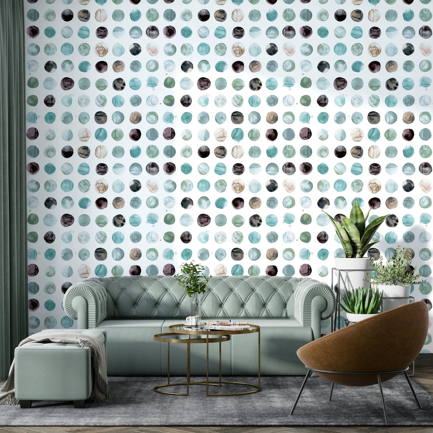 Wallpaper featuring light aqua blue hand-painted dots.

