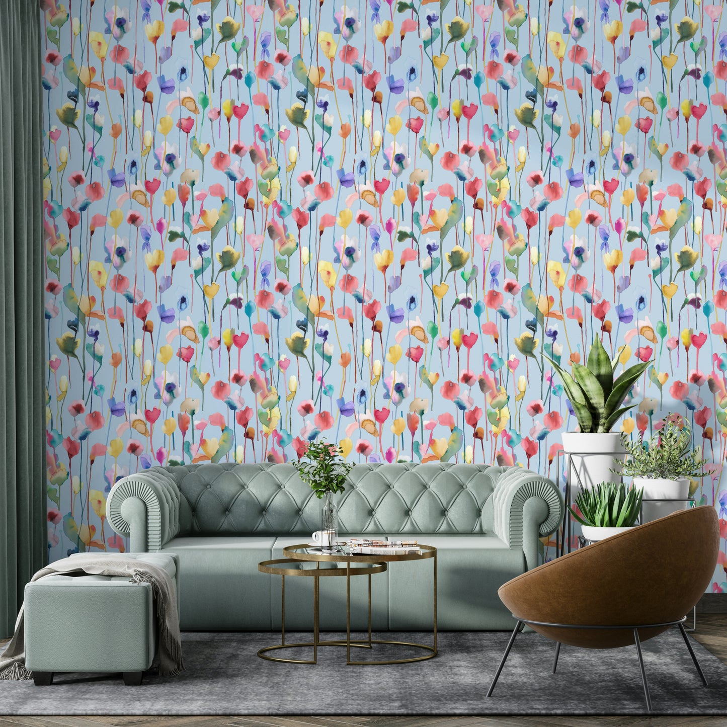 Soft botanical wallpaper with watercolor-style blue blooms.

