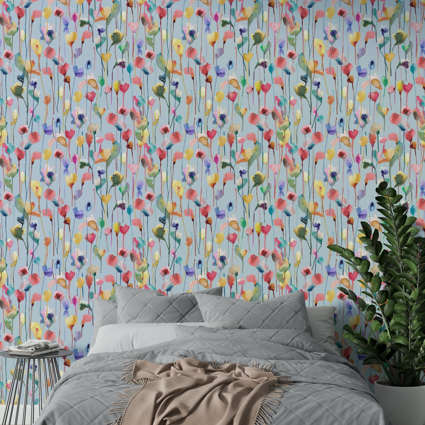 Airy watercolor flower mural with soft petals and stems.

