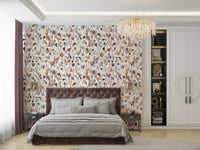 Wallpaper with soft beige tones and wild meadow flowers.

