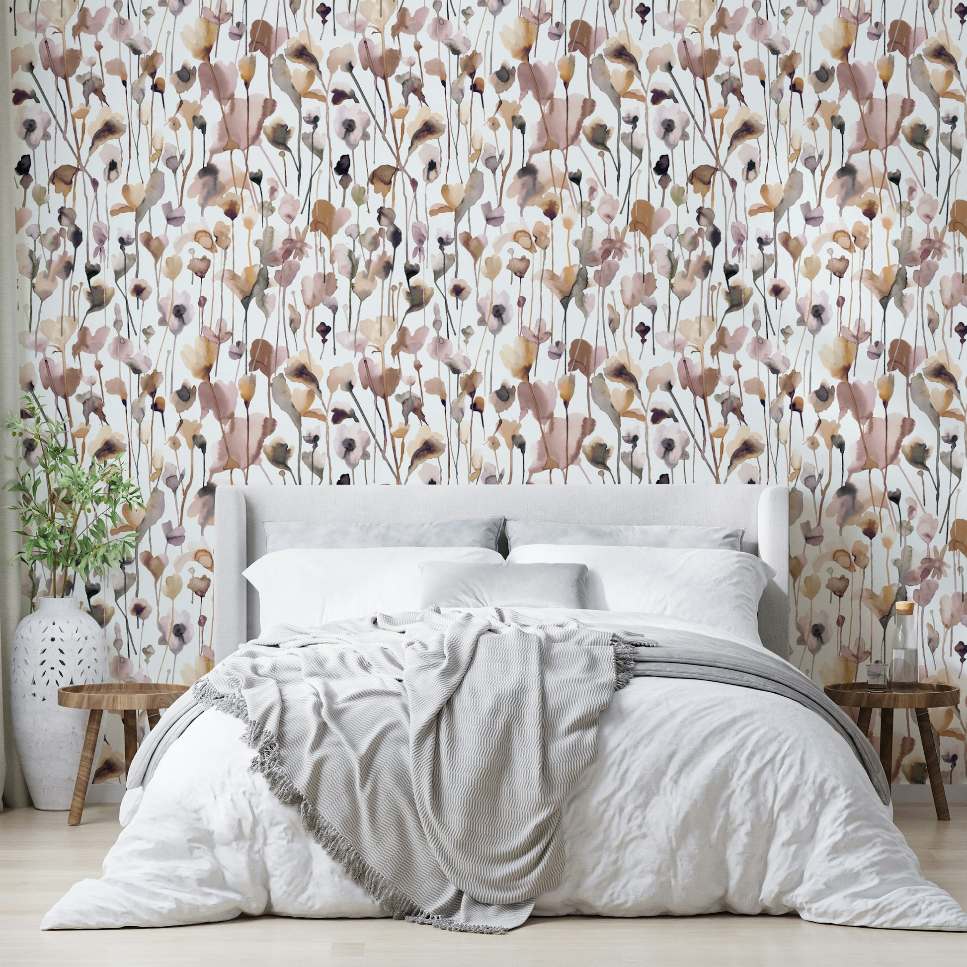 Beige wallpaper with gentle botanical wildflower illustrations.

