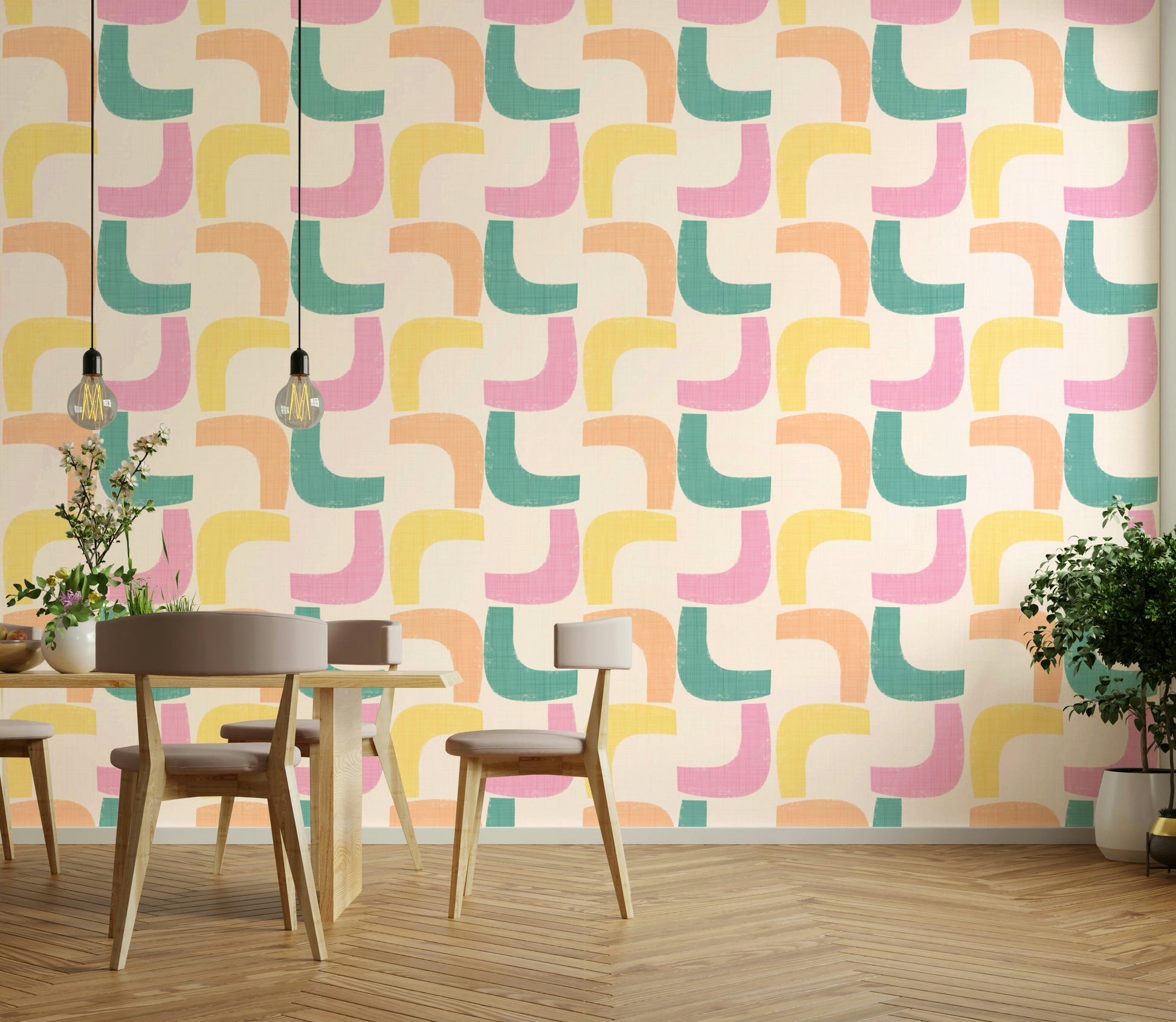Retro-inspired wallpaper with boomerang design in mint and blush tones.

