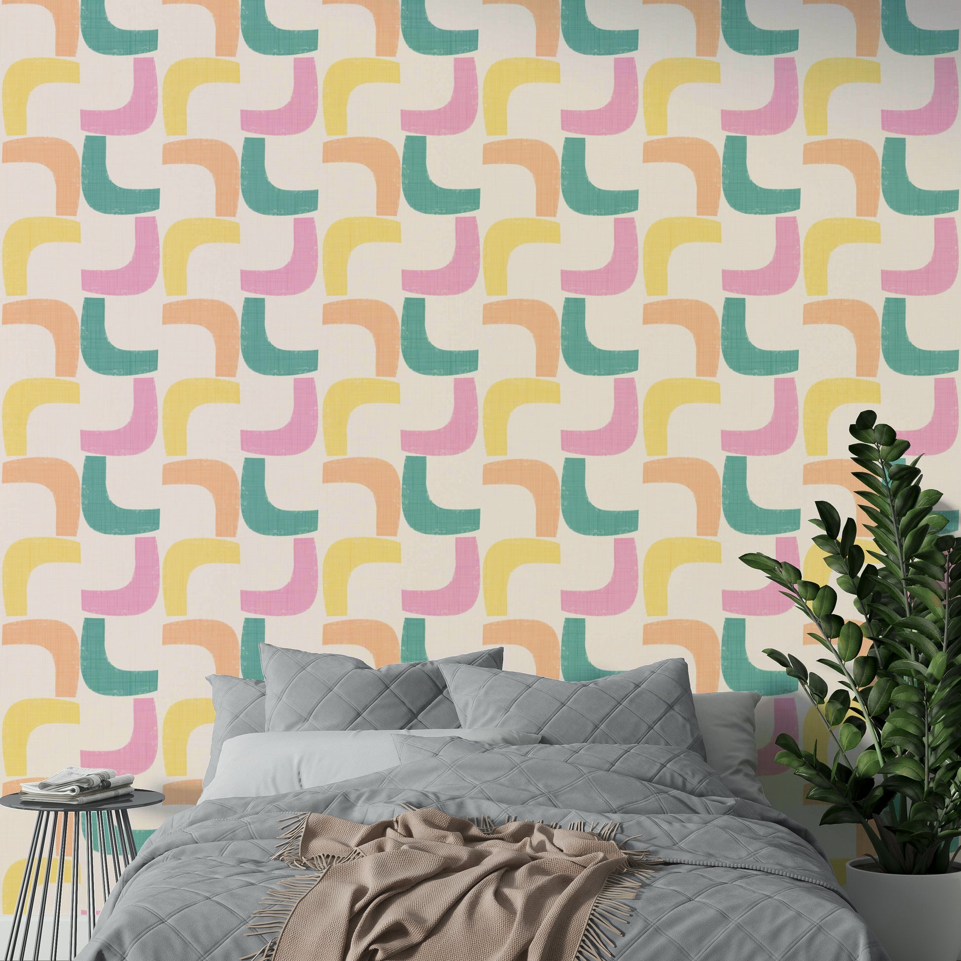 Wallpaper with vibrant pastel boomerang patterns for a retro look.

