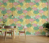 Soft aqua wallpaper with retro Monstera leaves and tropical vibes.

