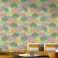 Wallpaper with pastel aqua tones and vintage tropical Monstera foliage.


