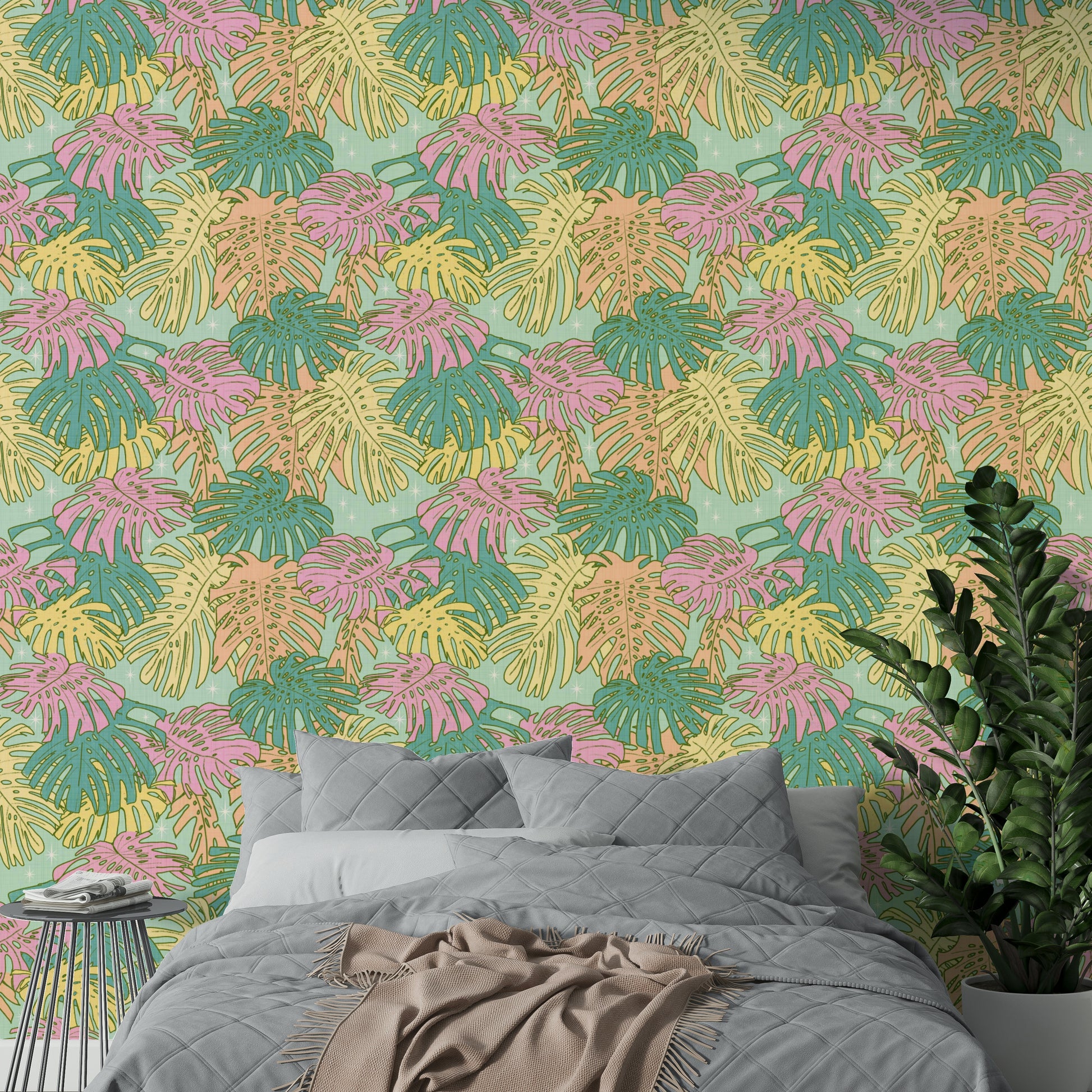 Retro-inspired Palm Springs wallpaper with pastel aqua and green leaves.

