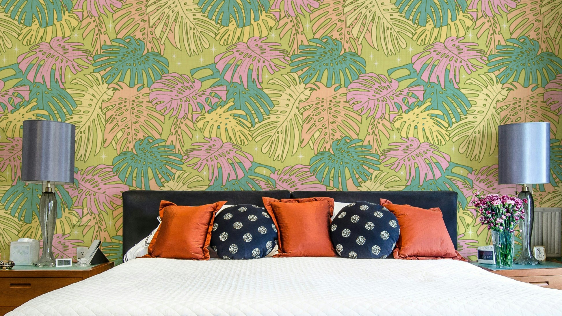 Pastel Tropical Monstera Palm Springs Retro Avocado Wallpaper with iconic leaves.

