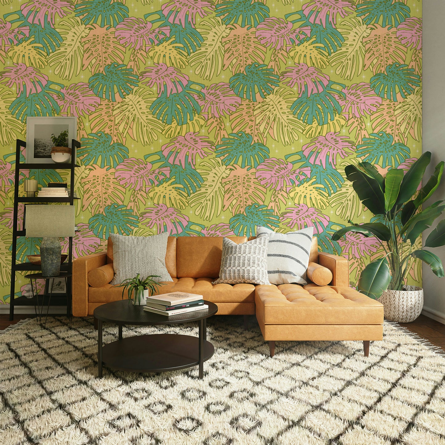 Soft pastel tropical wallpaper featuring Monstera leaves in avocado green.


