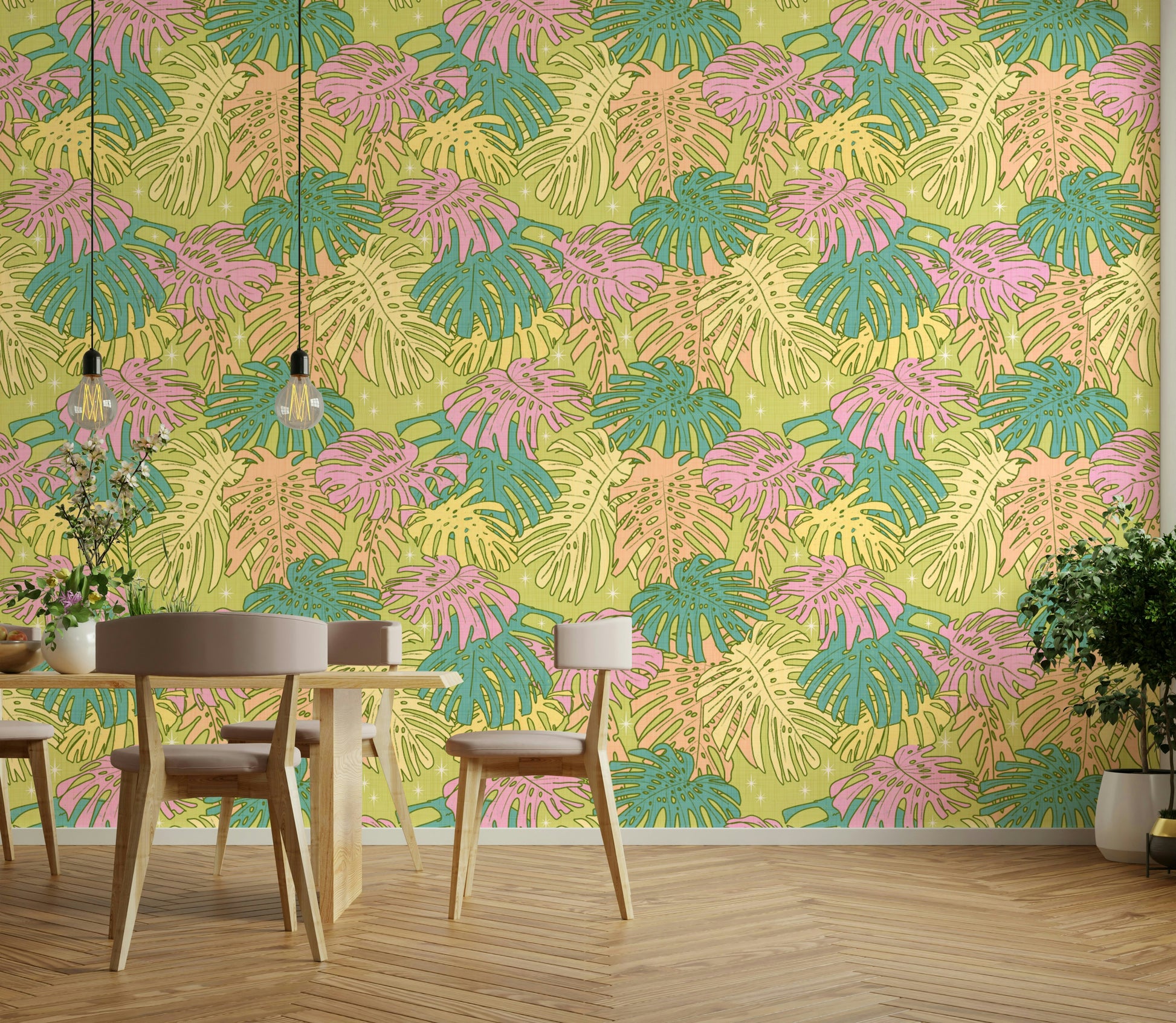 Vintage-inspired Monstera wallpaper with a retro avocado and pastel palette.

