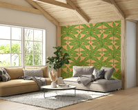 Wallpaper featuring tropical desert leaves in green and orange hues.


