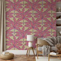 Tropical desert-inspired wallpaper with colorful palm fronds in pink and purple.

