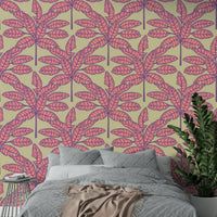 Wallpaper with desert leaves and vibrant tropical colors on a neutral cream backdrop.

