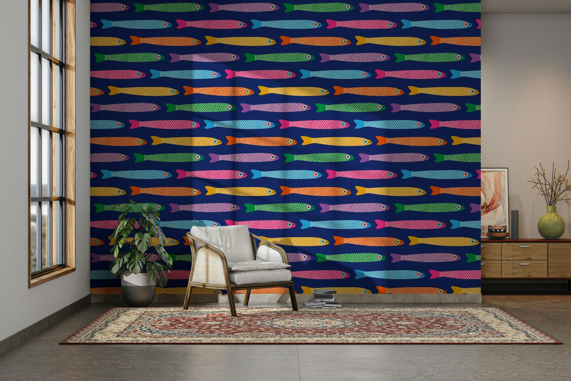 Playful anchovies fish wallpaper in rainbow shades on a deep blue backdrop.

