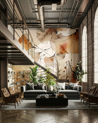 Mural featuring delicate ginkgo leaves in golden amber for a serene space.

