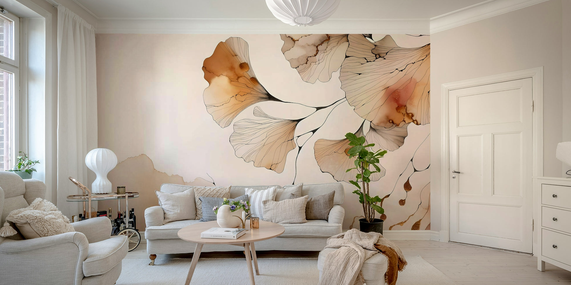 Wallpaper mural with soft, golden ginkgo tree leaves for a fall-inspired look.

