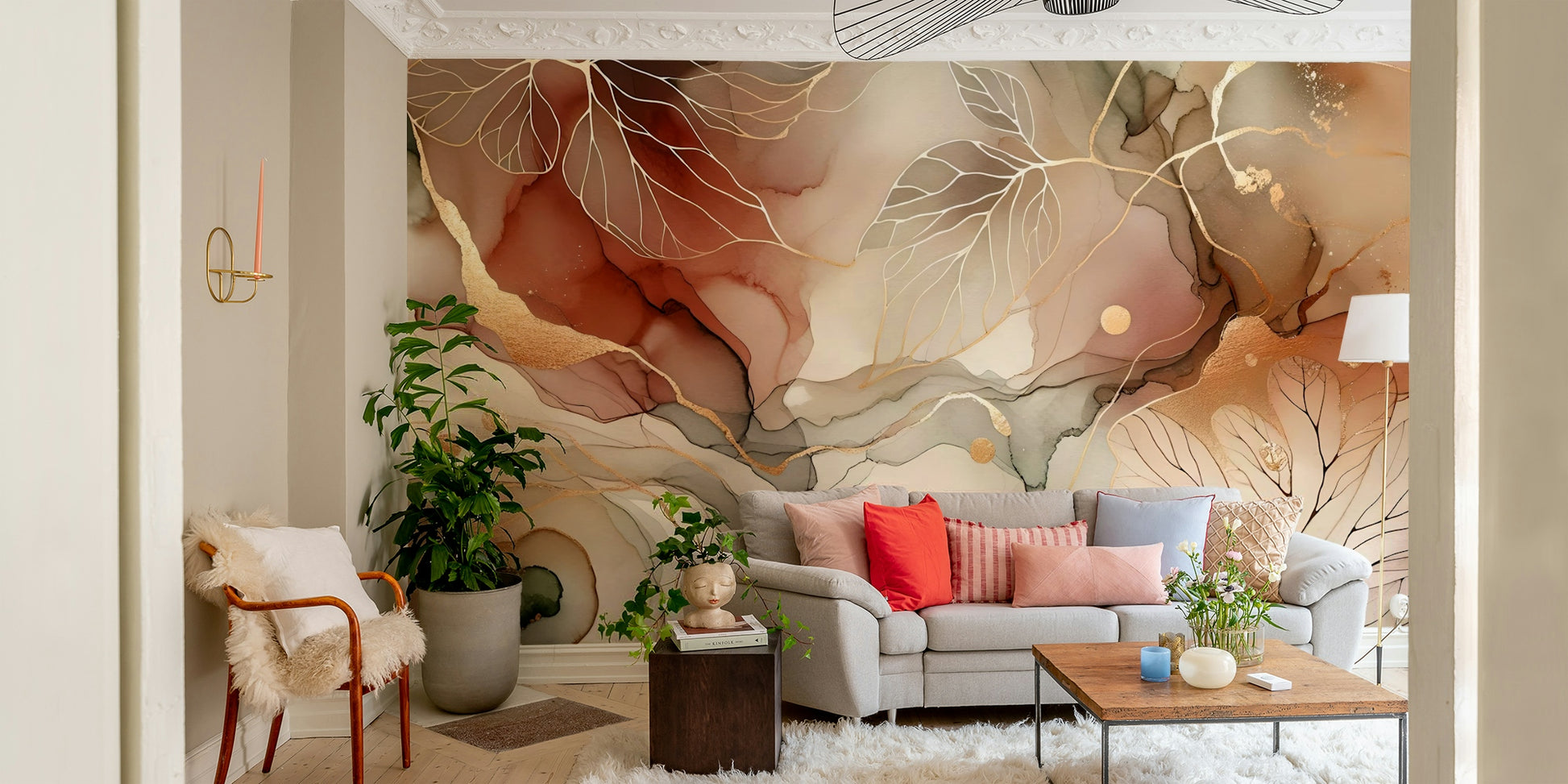 Autumn leaves in soft gold and amber tones for a seasonal wall mural.


